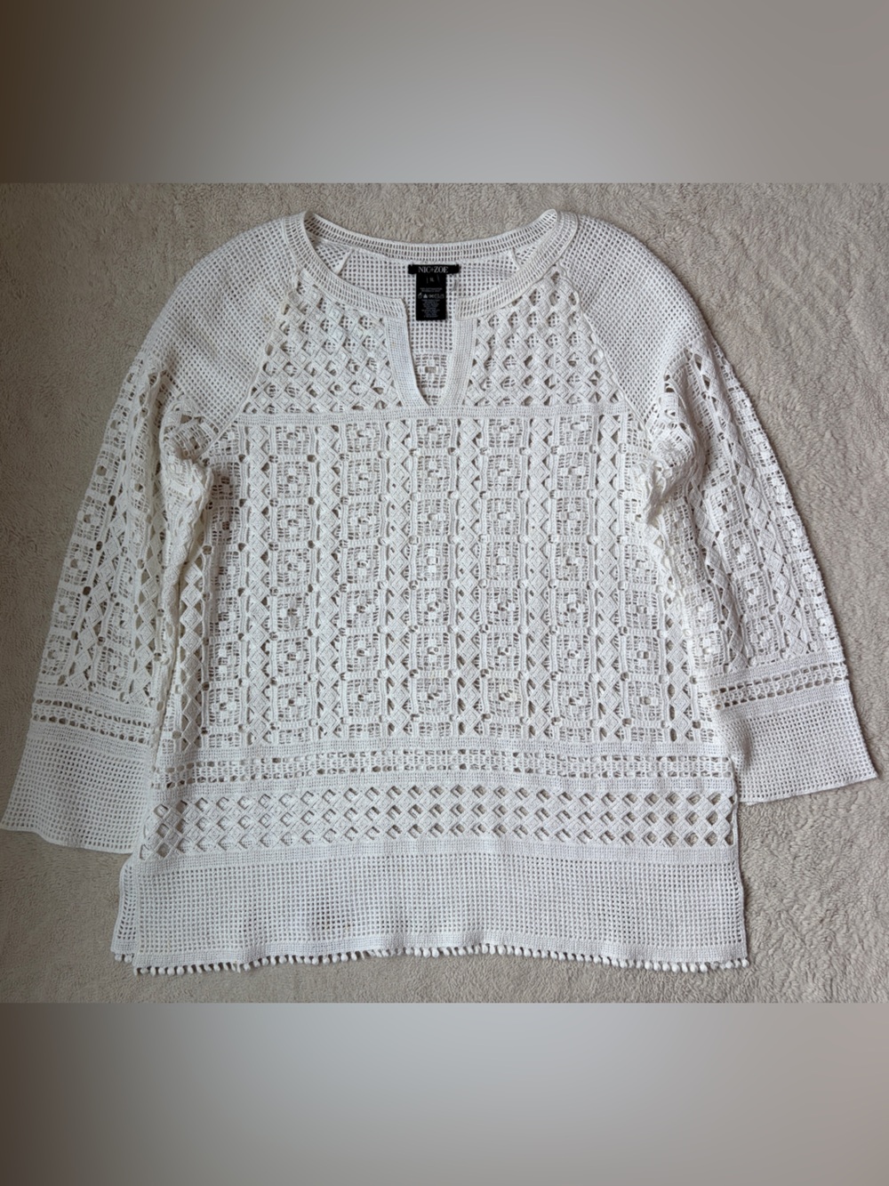 NIC+ZOE White Open Crochet Knit Tunic Women Size XL